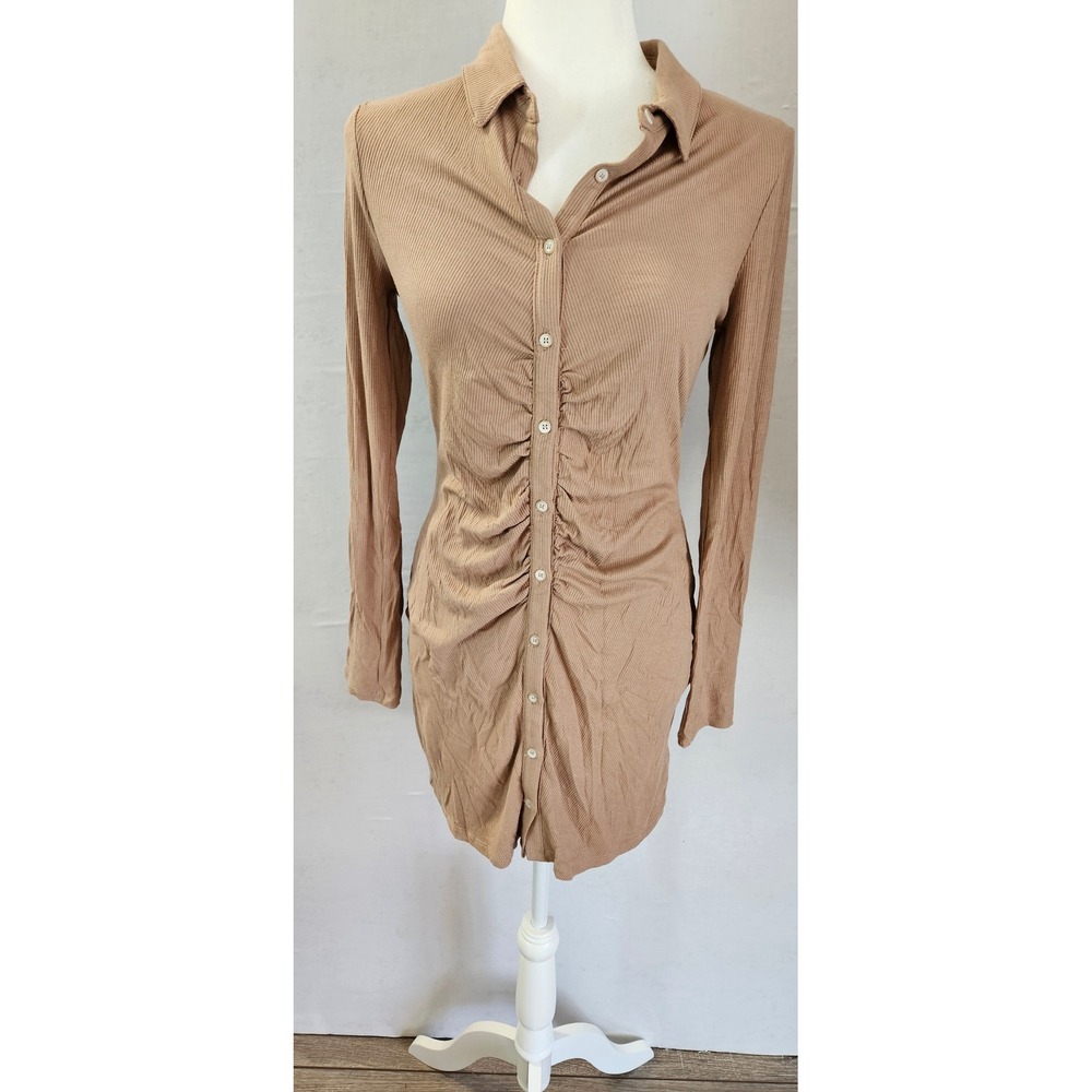 Hyfve Tan Brown Ribbed Ruched Long Sleeve Button Down Shirt Dress L HF22A607